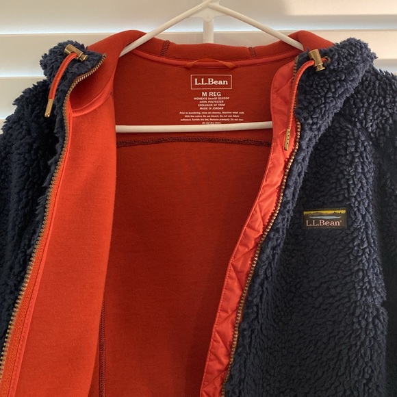 LL Bean Navy Fleece jacket w/ hood, orange trim, zippered pockets.Like new MED. - Picture 2 of 7